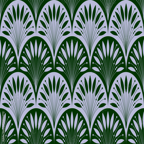 Art Deco style seamless pattern. Geometric decorative texture with leaves. Floral vector illustration, light lilac color on dark green background.