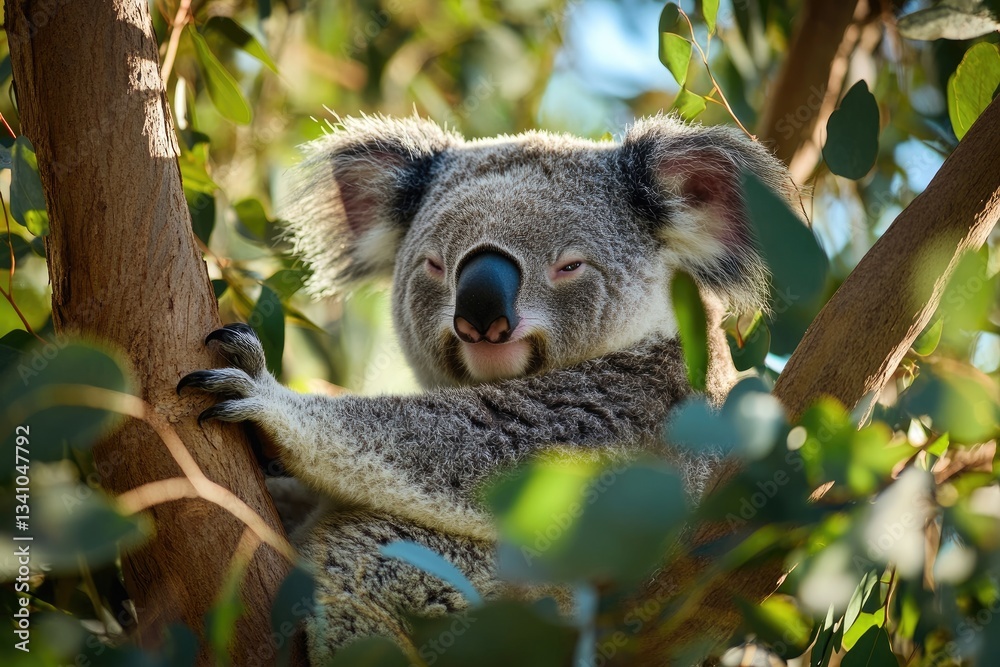Fototapeta premium A koala lounging in the branches of an eucalyptus tree