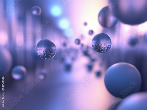 Floating spheres and cubes with blue-to-violet gradients, suspended in a dark background. Bright accents create reflections and depth. Soft shadows enhance volume. Ultra-high resolution.