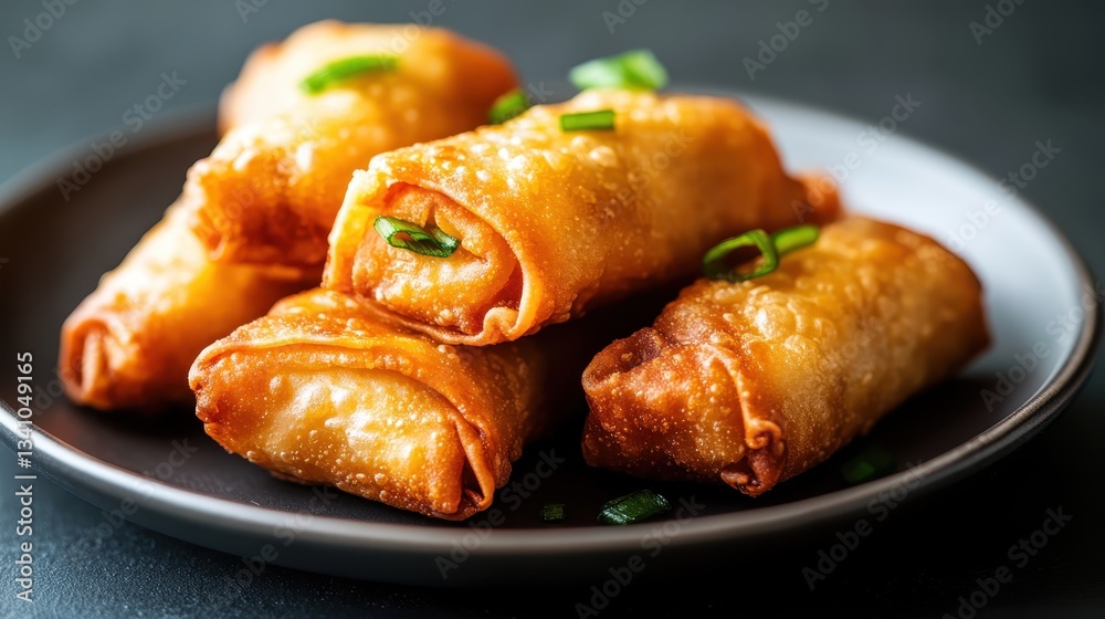 Golden and crunchy spring rolls elegantly arranged on a sleek black plate, creating a stunning visual contrast that highlights their delightful texture and savory appeal. Golden and crunchy spring rolls elegantly arranged on a sleek black plate, creating a stunning visual contrast that highlights their delightful texture and savory appeal.