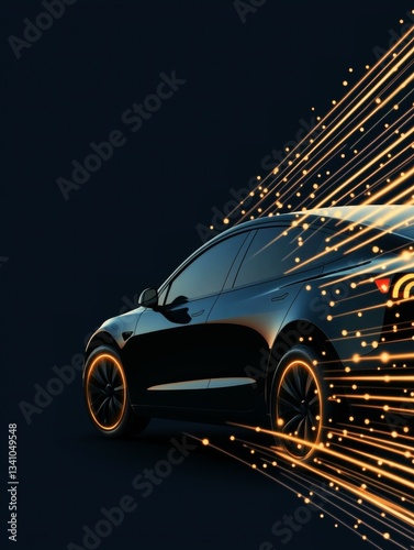 A sleek black car with glowing wheels is depicted against a dark background, featuring dynamic light streaks suggesting speed and motion.