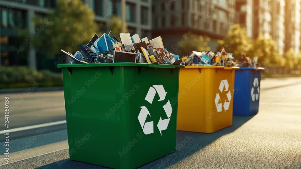 A green recycle symbol container full of e-waste, an idea for managing e-waste 