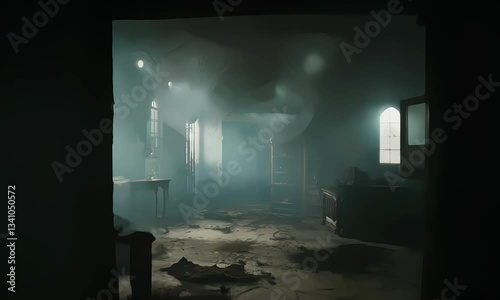 creepy house room, moving dark steps with old and scary room, 4k resolution footage, generated ai.