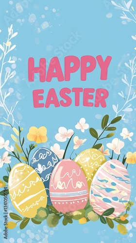 Easter illustration in pastel colors with decorated eggs and spring flowers on a blue background, spirit of Easter, the concept of wishing a happy Easter, vertical concept