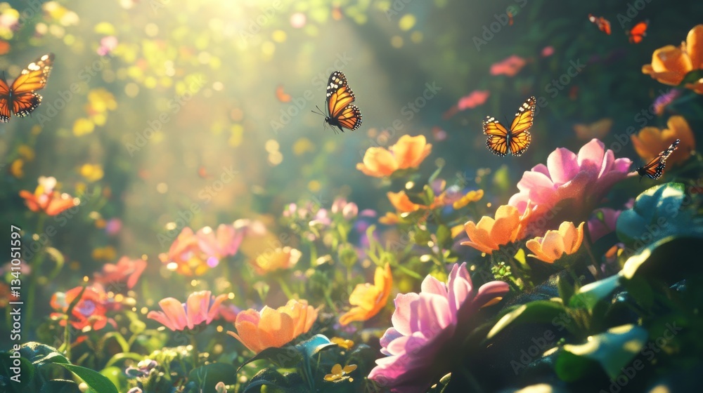 Lush garden with colorful flowers butterflies and warm sunlight Lush garden with colorful flowers butterflies and warm sunlight
