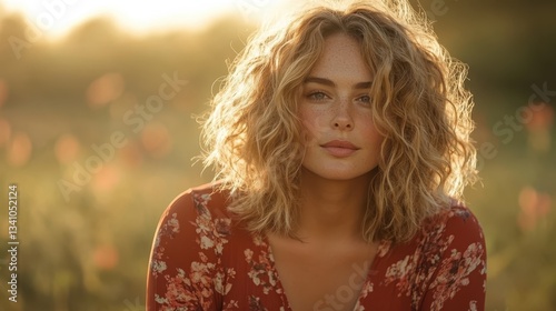 In a warm golden hour light, a woman with curly hair looks directly at the camera, exuding confidence and charm amidst a floral backdrop.
