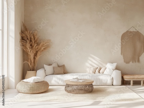 A minimalist bohemian living room with a neutral color palette