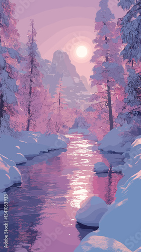 A mesmerizing winter landscape with a snow-covered river reflecting the soft pink glow of the sun, surrounded by frosty trees and distant mountains in a tranquil setting