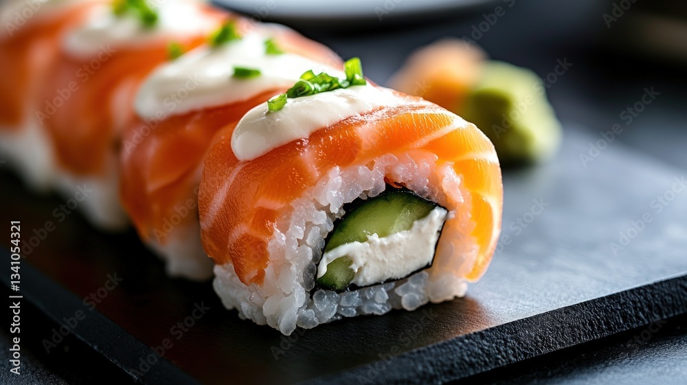Fresh salmon sushi roll with creamy sauce Fresh salmon sushi roll with creamy sauce