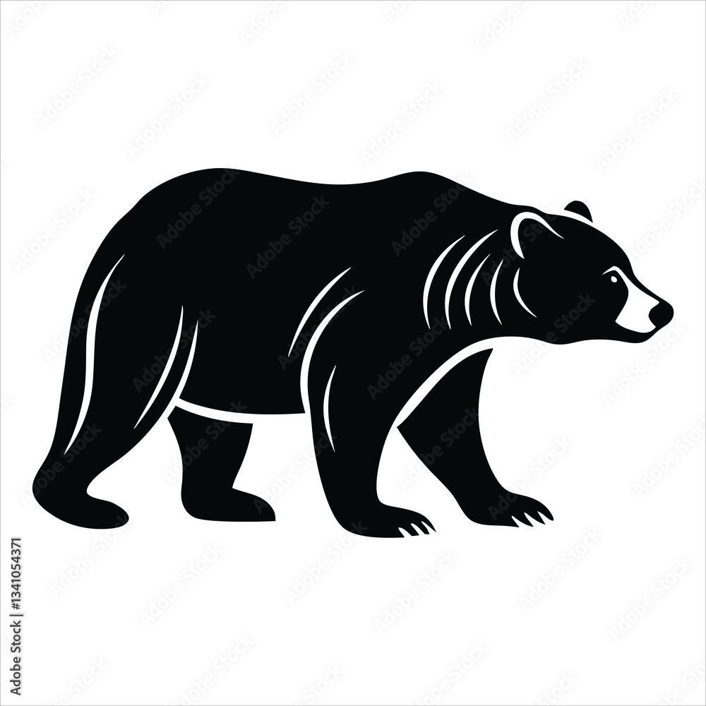 Fototapeta premium silhouette of Bear Silhouette Vector A bold and striking vector silhouette of a bear, isolated on a white background. The bearâ€™s strong form is defined by sharp, minimalist lines, creating a simple 