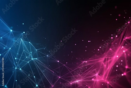Abstract technological background with polygonal lines and glowing dots, a vector illustration in dark blue and pink colors for digital marketing or tech banner design