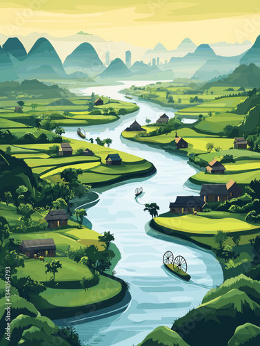 A breathtaking countryside landscape featuring a winding river, lush green rice fields, traditional rural houses, and misty karst mountains with a distant city skyline