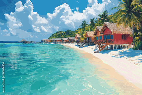 A stunning tropical beach with turquoise waters, white sand, lush palm trees, and overwater bungalows, creating a perfect island paradise getaway