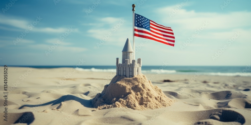Naklejka premium Sand castle on the coast with the US flag. Generative AI.