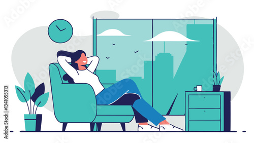 A young woman with a pleasant smile is sitting in a comfortable armchair in a cozy modern apartment. She is enjoying a moment of calm and relaxation.