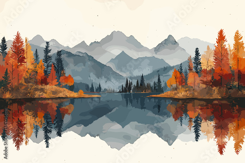 Serene autumn landscape featuring a calm lake reflecting vibrant fall foliage, misty mountains, and evergreen trees, creating a peaceful and picturesque natural scene