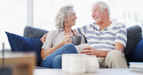 Retirement, relax and senior couple with coffee, home and bonding for relationship in living room. Conversation, old man and woman with tea, comfortable and elderly people in lounge, romance and love