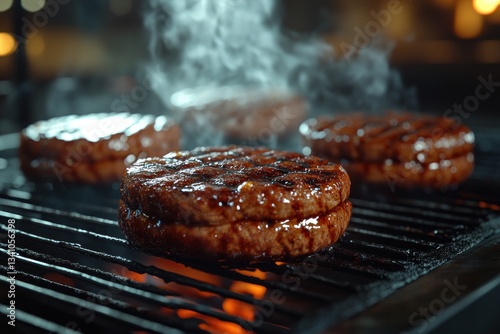 Grilling Beef Patty on Professional Grill for Classic Hamburger in Restaurant Cafe