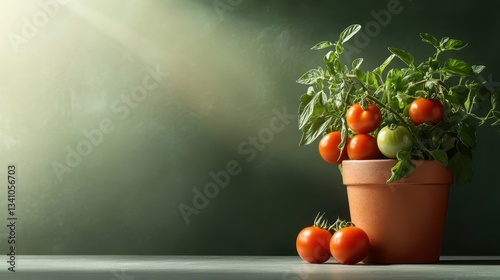 A stunning tomato plant flourishing in a terracotta pot, featuring ripe red and green tomatoes, symbolizing growth, vitality, and the rewarding experience of nurturing plants.
