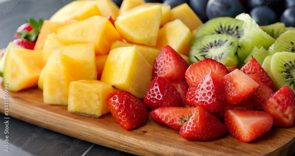 Close-up view of a wooden cutting board laden with a vibrant assortment of fresh fruits including strawberries kiwi honeydew and plums