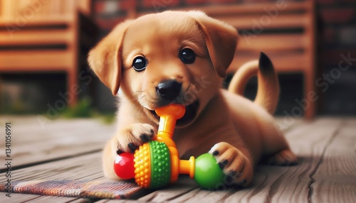 The puppy s tail wagged like a metronome as it chewed on the squ photo