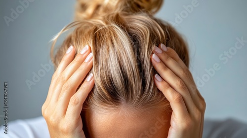 A woman clutches her head in a moment of stress, highlighting the emotional struggles many experience, symbolizing confusion, mental fatigue, and the need for relief.