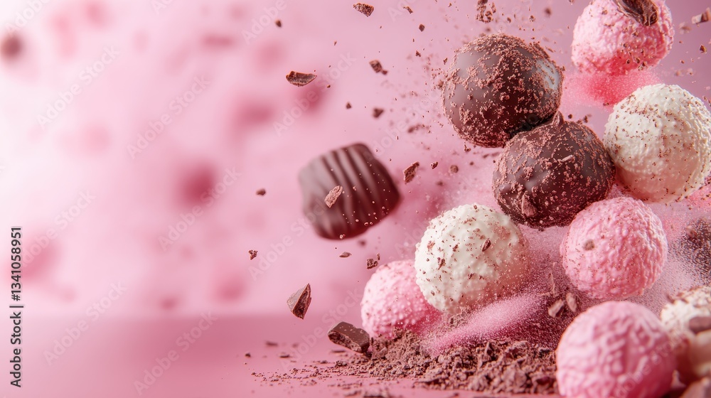 An explosive visual of chocolate truffles and sweets with fragments scattering across a pink canvas, evoking a sense of movement and excitement for dessert lovers. An explosive visual of chocolate truffles and sweets with fragments scattering across a pink canvas, evoking a sense of movement and excitement for dessert lovers.