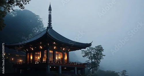 Wallpaper Mural Serene video of a traditional Asian temple illuminated against a misty mountain landscape. Warm interior lights contrast with cool blues and greens of the environment Torontodigital.ca