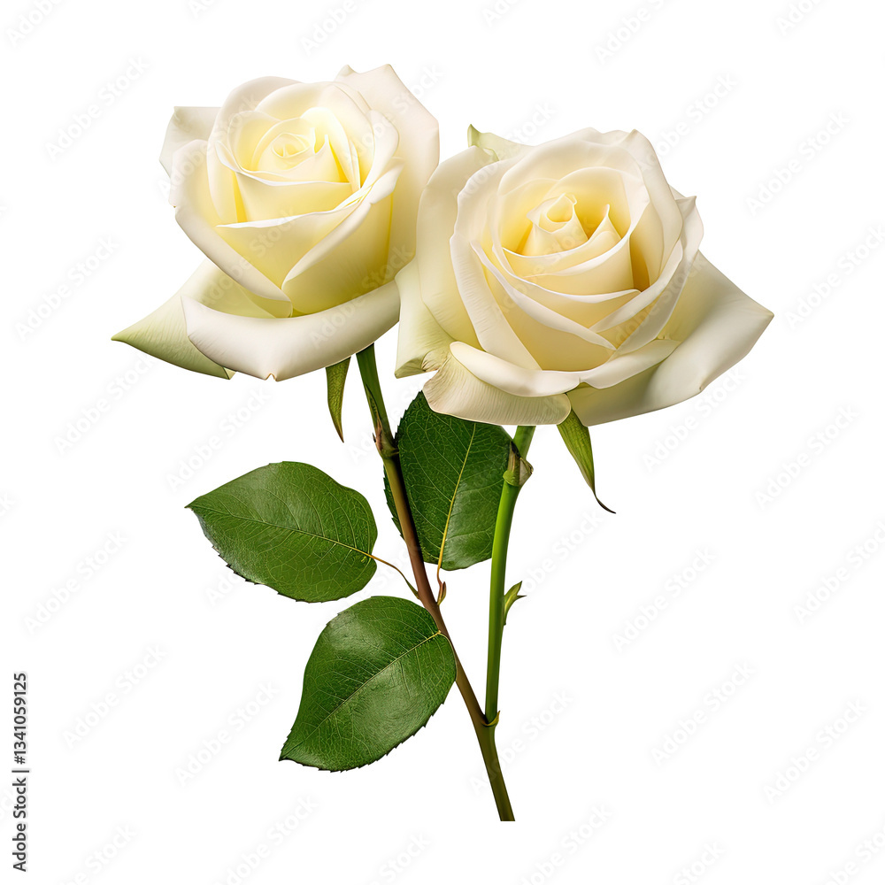 Naklejka premium white rose with green leaves isolated on transparent background Remove png, Clipping Path