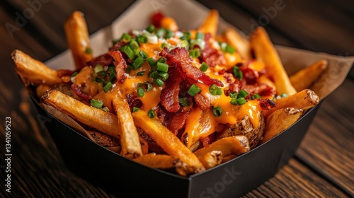 This sumptuous image showcases a bowl of loaded fries drizzled with cheese, sprinkled with bacon, and adorned with green onions, embodying the ultimate comfort food experience.