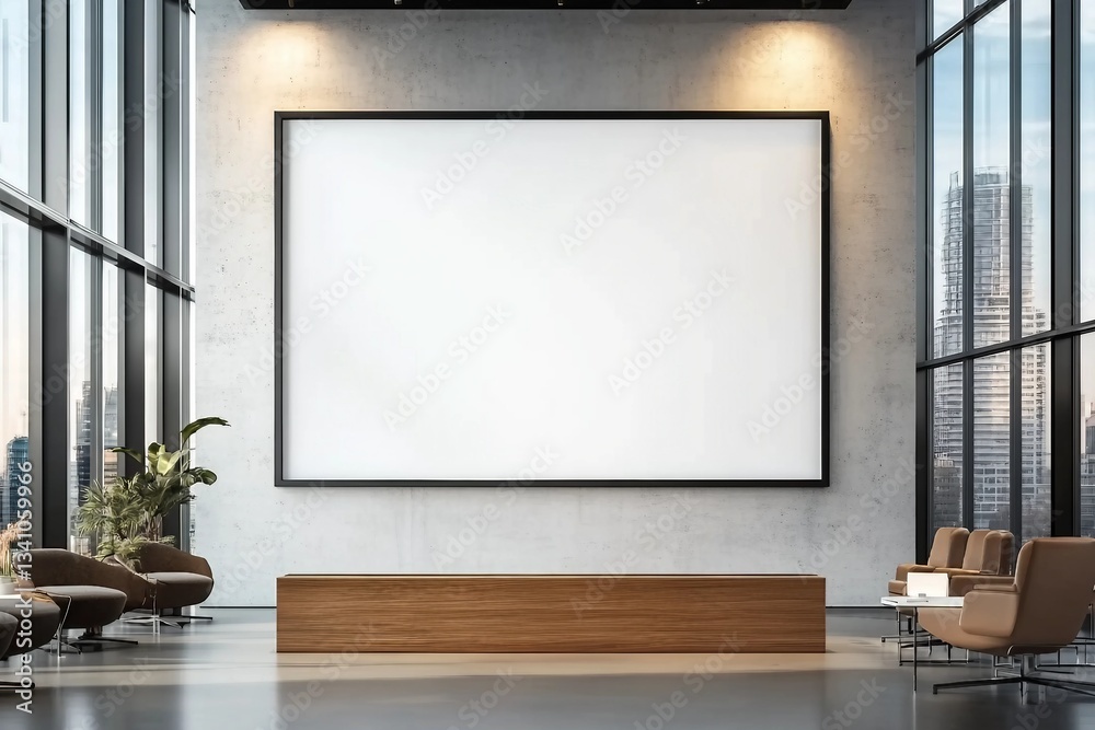 Meeting room with empty display white blank frame mockup. Modern business offices reception background as banner with copy space. Meeting room with empty display white blank frame mockup. Modern business offices reception background as banner with copy space.