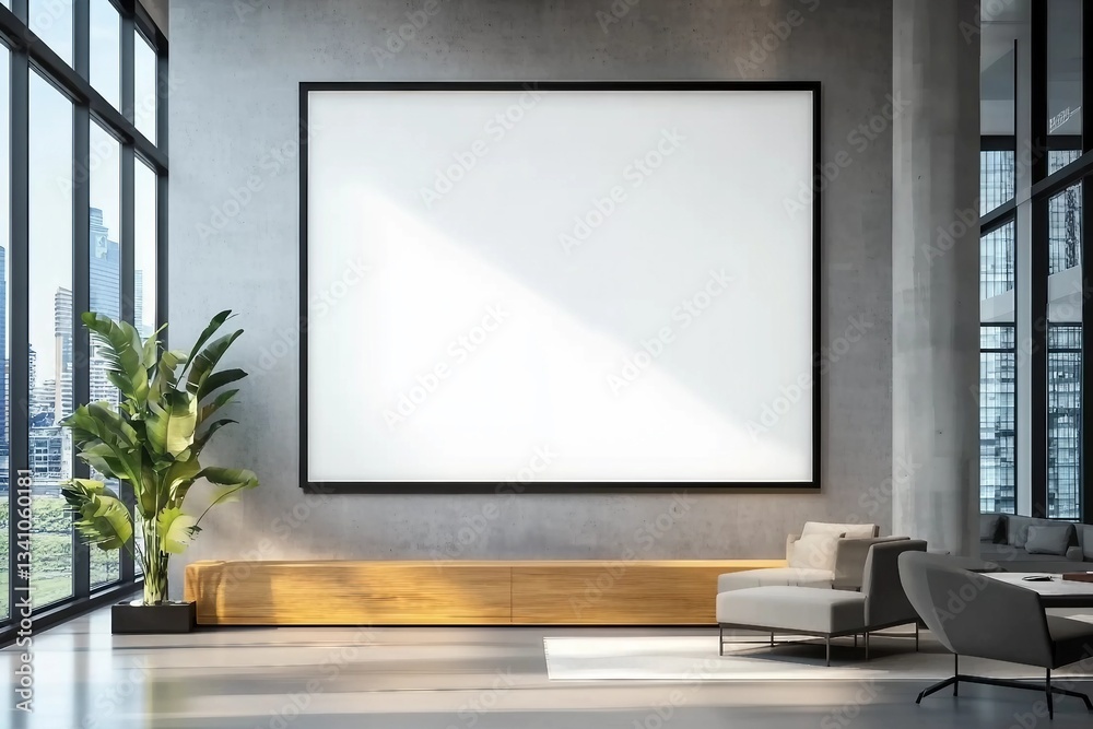 Meeting room with empty display white blank frame mockup. Modern business offices reception background as banner with copy space. Meeting room with empty display white blank frame mockup. Modern business offices reception background as banner with copy space.