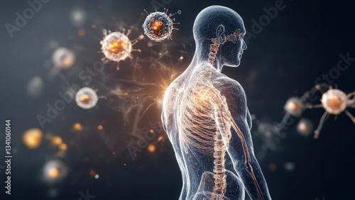 A human body hologram surrounded by a large stem cell hologram, symbolizing advanced biotechnology and the potential of regenerative medicine.
