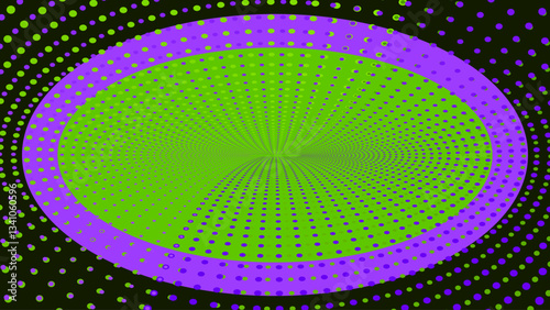 Neon green and purple dotted line on black background. Optical illusion. Innovation technology concept. Art trippy digital screen. Luxury Backdrop. Royal banner. Template. Business tech card. Screen.