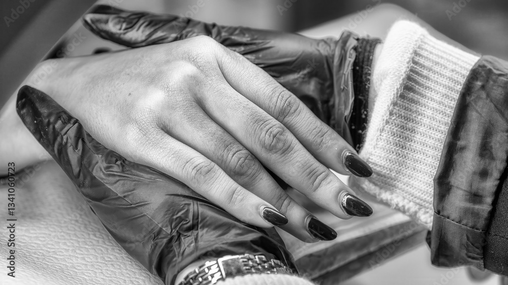 Close-up of nail technician performing semi-permanent gel application in a spa