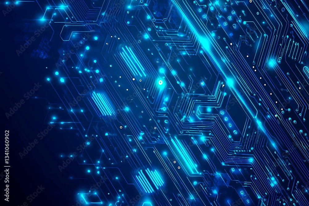 Abstract close-up of a glowing blue digital circuit board, showcasing intricate connections and technological design on a black background.
