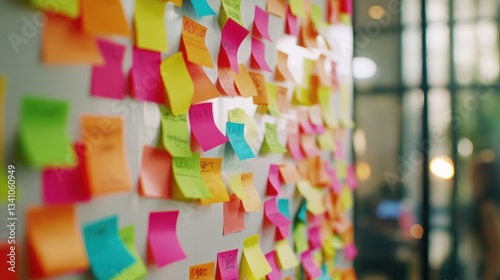 Colorful Sticky Notes on Whiteboard: Brainstorming Session