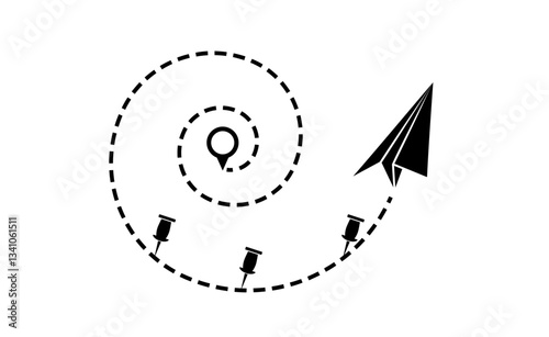 Spiral paper plane route business success vector. Airplane icon with route, pin, pinpoint. Transport concept illustration to use for business strategy, summer holiday, business strategy projects. 