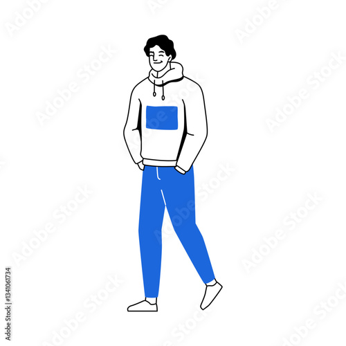 Walking man, isolated strolling smiling positive young male personage. Vector student wearing casual clothes holding hands in pockets. Wandering or hanging out guy, pedestrian or citizen