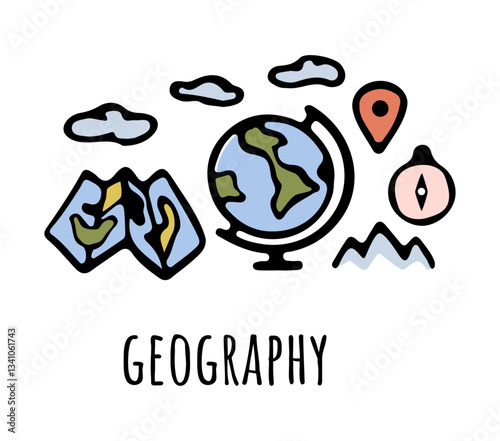 Geography lessons for school, college or university. Vector flat cartoon icons for students curriculum. Subject or discipline with knowledge about Earth, mapping and topography of planet