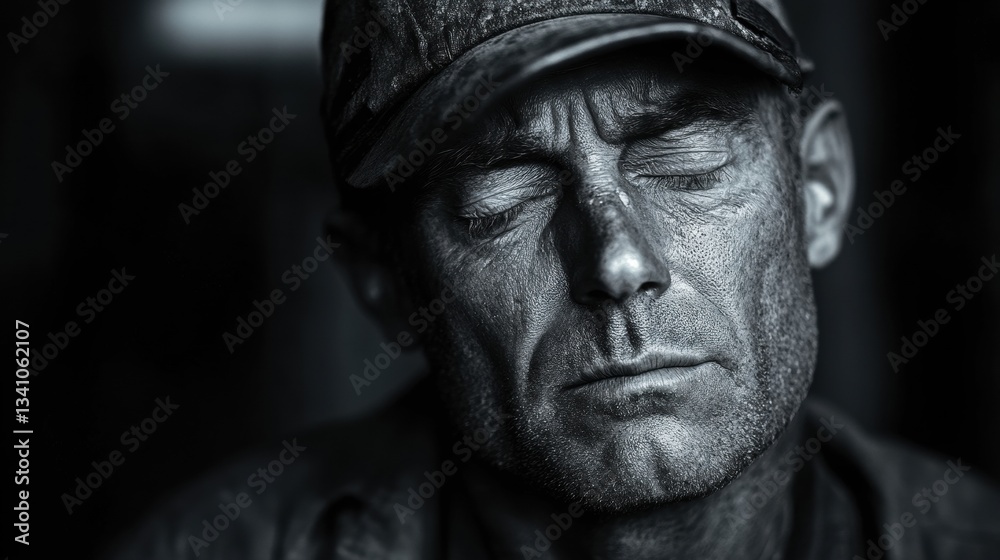 Exhausted Factory Worker After Long Hours of Labor in Industrial Setting Exhausted Factory Worker After Long Hours of Labor in Industrial Setting