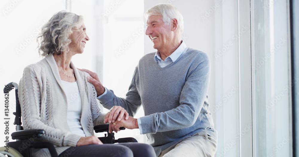Obraz premium Holding hands, support and senior couple with wheelchair for bonding, empathy and trust. Retirement home, marriage and happy mature man and woman together for compassion, care or loving relationship