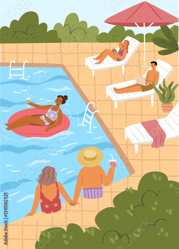 Swimming and relaxing by water, pool and rest for male and female characters. Vector personages laying on chaiselong, sunbathing on inflatable circle, drinking cocktails and enjoying summer vacations