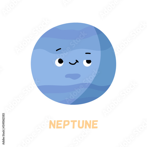 Solar system farthest planet character with cute facial expression. Vector in flat style, isolated sticker or card for learning cosmos for kids. Neptune icon and name, galaxy and outer space