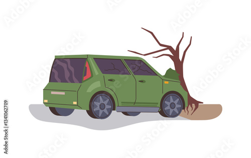 Car crash, isolated vehicle hit tree. Vector transport with broken and damaged parts. Traffic accident on road, inattentive driver and shuttered glass on windows. Automobile damage and break