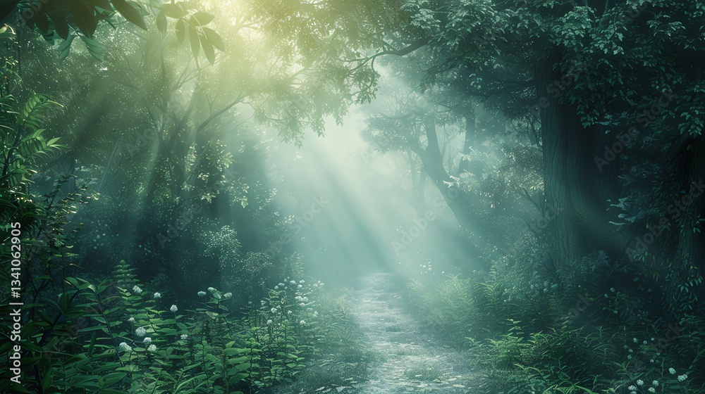 Fototapeta premium A path through a misty, green forest with sunbeams shining through the trees.