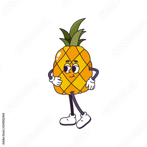 Retro fruit personage posing. Vector isolated pineapple cartoon character with fashionable look and hairstyle. Cute groovy comic mascot with hands and legs, leaves as hair or head accessory