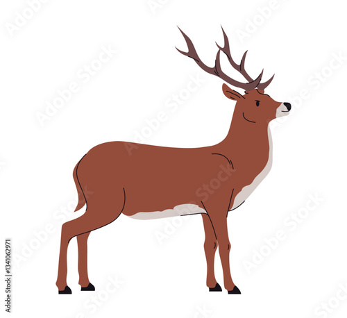 Deer character with branched bony antlers, isolated creature with fur on skin. Vector stag mammal with smooth furry coat and horns. Forest woods animals, wildlife and fauna. Nature and wilderness