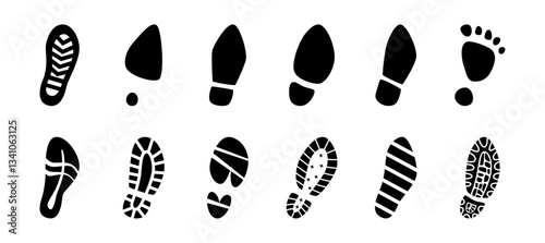 Human right leg footprints collection. Vector isolated male and female footmarks silhouettes. Shoes and footsteps icons of barefoot and stilettos, sneaker and boots footsteps. Men and women steps