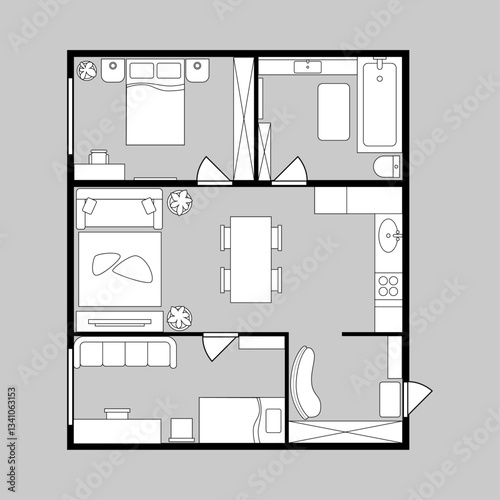 Apartment or dwelling floor plan. Vector house or home interior design and planning of renovation. Architectural schematic placement of furniture and property housing details of blueprint
